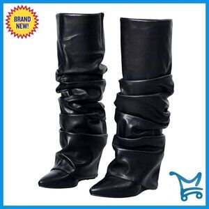 Knee High Wedge Heel Boots Wide Calf Pointed Toe Slip On Casual